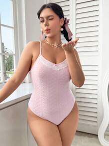 SHEIN EZwear 大碼蕾絲拼接網眼刺繡吊帶連體衣 - 粉色 - 查看 5