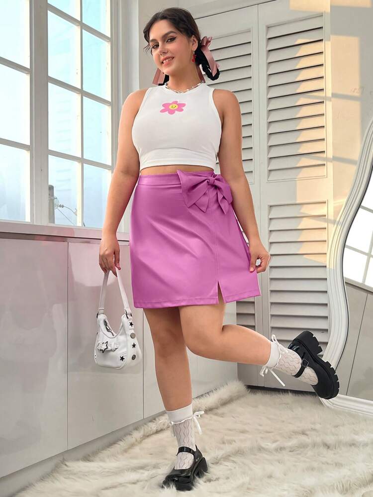 Plus High Waist Bow Front Split Hem Skirt