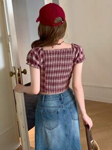 DAZY 格紋印花褶邊前拉鏈短款上衣