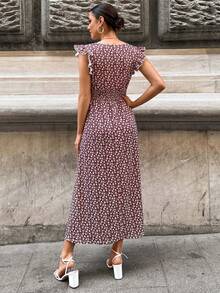 SHEIN Ditsy Floral Print Ruffle Trim Dress - Burgundy - View 2