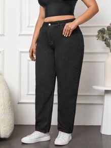 SHEIN Cottnline 大碼高腰媽媽牛仔褲 - 黑色 - 查看 4
