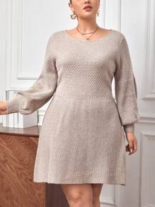 SHEIN Privé Plus Lantern Sleeve Sweater Dress - Khaki - View 3