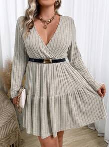 Franclia Plus Surplice Neck Ruffle Hem Dress Without Belt - Apricot - View 6