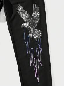 ROMWE MEN Street Life Men Elastic Waist Text Printed Sweatpants - Black - View 3