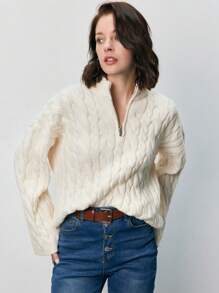 SHEIN Frenchy Jersey tejido de cable de hombros caídos - Albaricoque - Ver 6