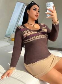 SHEIN EZwear Plus Geo Pattern Sweater - Brown - View 1