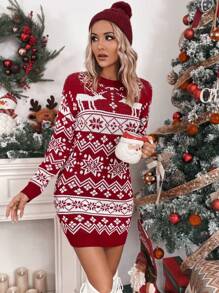 Chiquease Christmas Pattern Drop Shoulder Sweater Dress - Burgundy - View 7