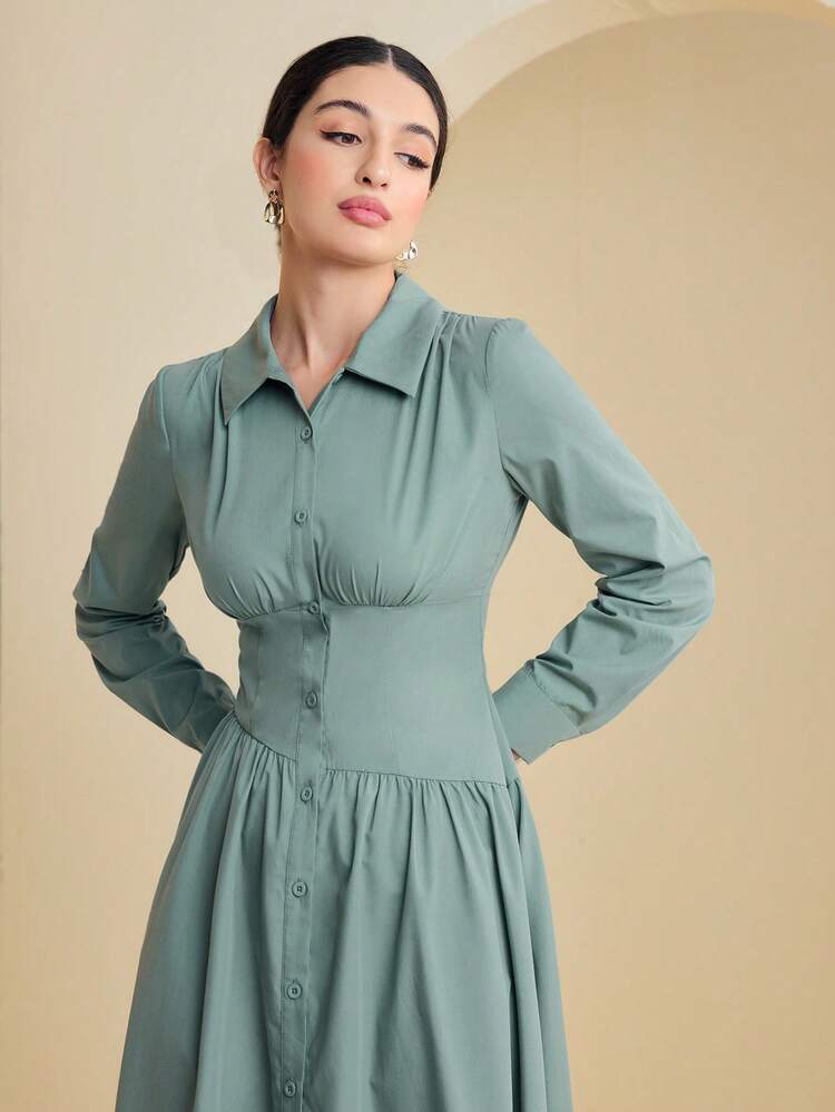 Solid Flare Hem Shirt Dress