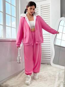 SHEIN EZwear Ladies' Plus Size Pink Coat & Pants Set - Pink - View 1