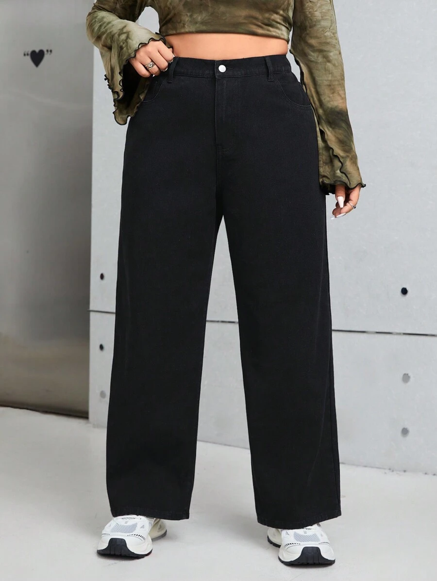 SHEIN ICON Plus High Waist Straight Leg Jeans - Black - View 1