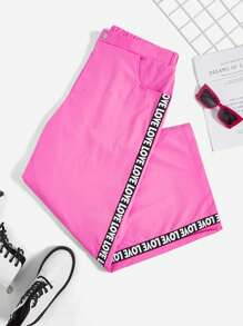 SHEIN EZwear Plus Letter Patched Detail Contrast Tape Split Hem Wide Leg Pants - Pink - View 1