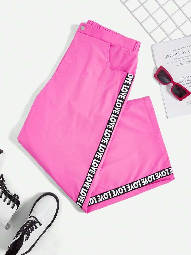 Plus Letter Patched Detail Contrast Tape Split Hem Wide Leg Pants