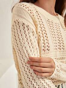 Bohemela Fringe Hem Pointelle Knit Sweater - Apricot - View 5