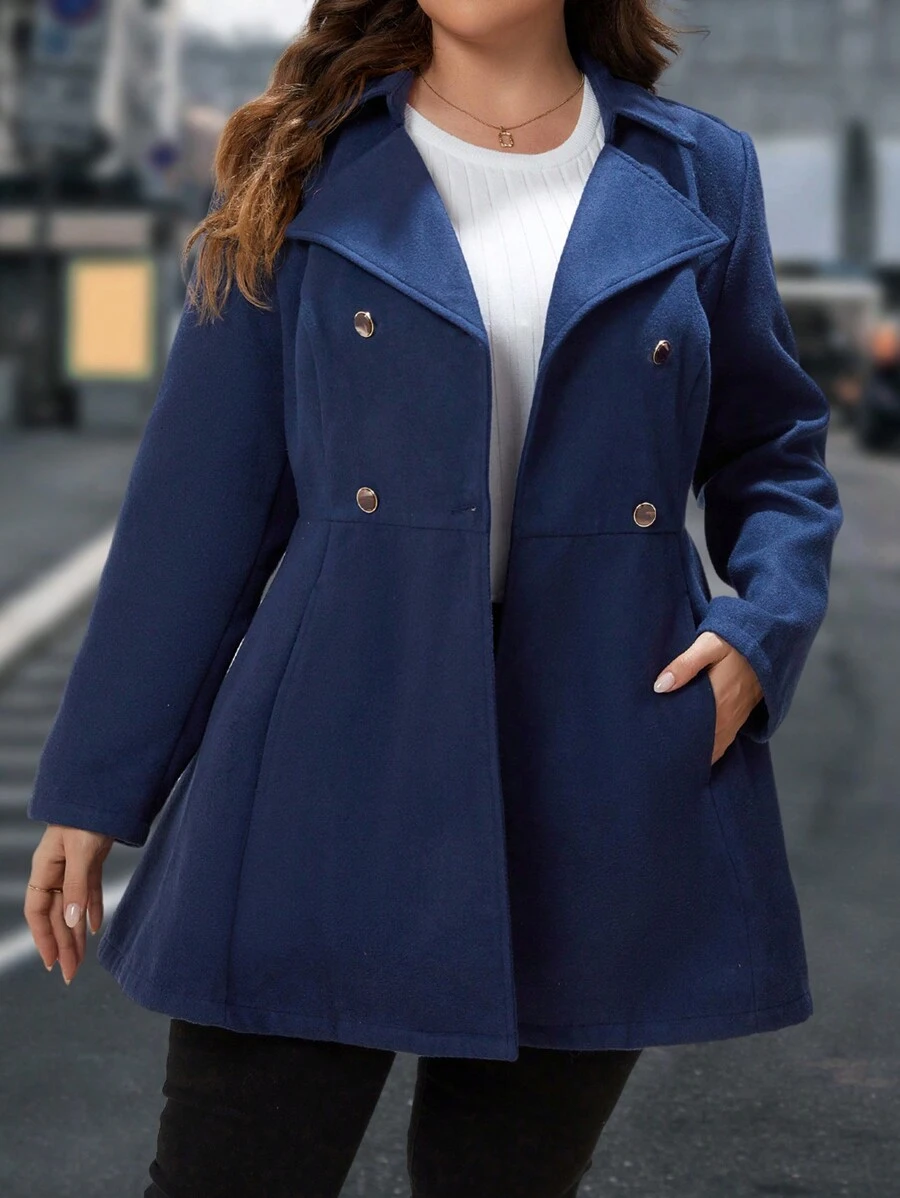 EMERY ROSE Plus Double Breasted Slant Pocket Double Breasted Overcoat - Royal Blue - View 1