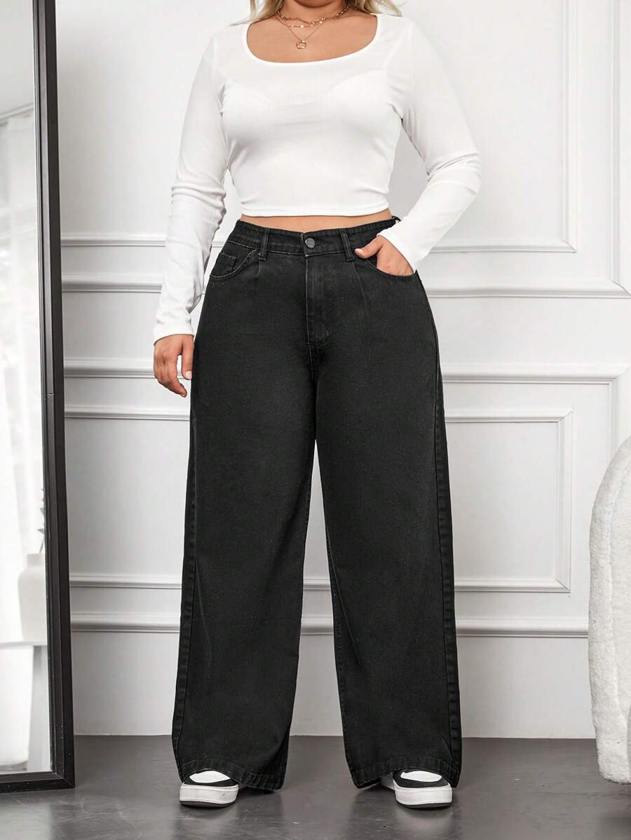 SHEIN Cottnline سراويل جينز عالية الخصر ذات أرجل واسعة المقاس الكبير - الأسود - مشاهدة 1