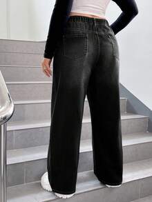 SHEIN ICON 大碼高腰破洞直筒牛仔褲 - 黑色 - 查看 2