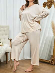 加上落肩系带上衣和裤子睡衣套装/睡衣套装 - 杏色 - 查看 4