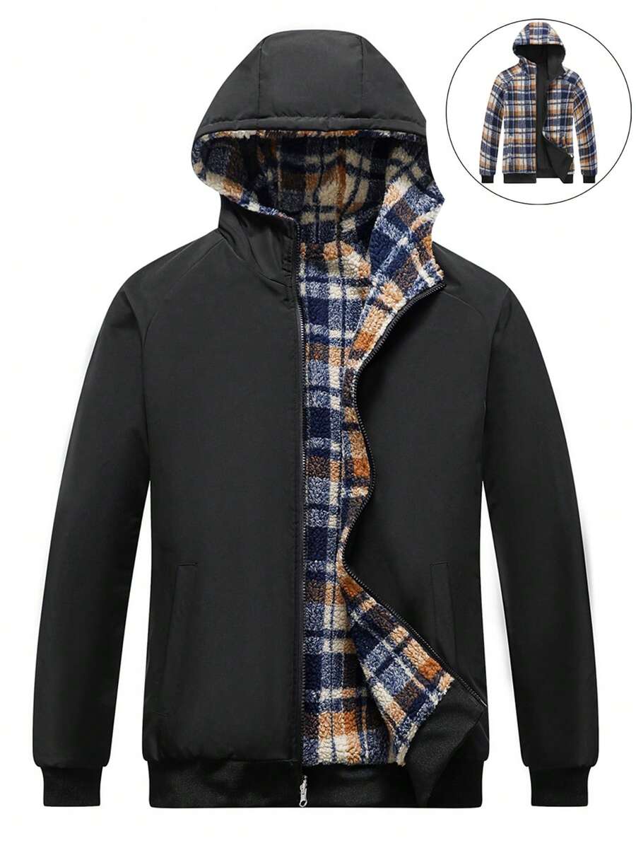 Manfinity Homme Loose Fit Men's Plaid Printed Zipper Hooded Thermal Lined Jacket - Multicolor - View 1