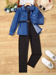 SHEIN Cô gái Tween Chi tiết về Flap Áo khoác Trench & Chất rắn Bộ áo liền quần Cami - màu nâu - Xem 1