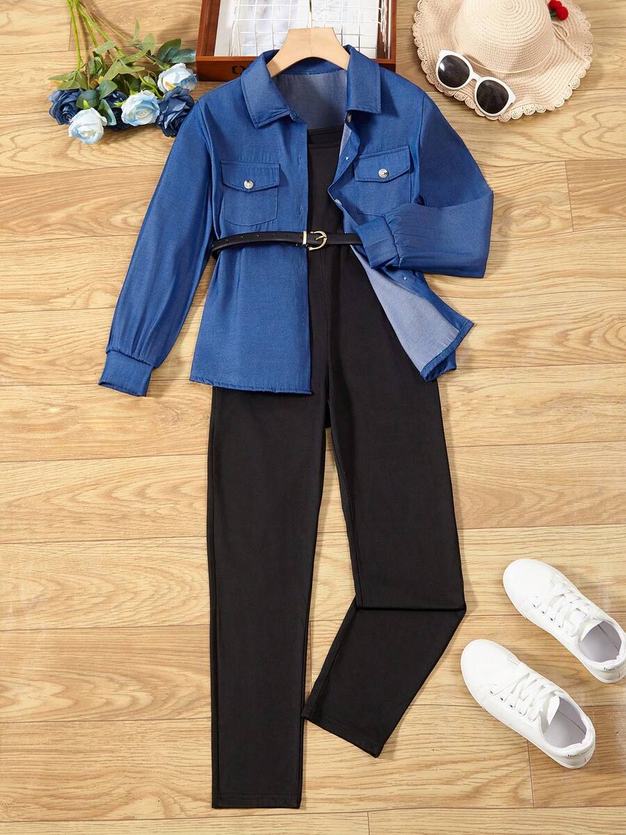 SHEIN Cô gái Tween Chi tiết về Flap Áo khoác Trench & Chất rắn Bộ áo liền quần Cami - màu nâu - Xem 1