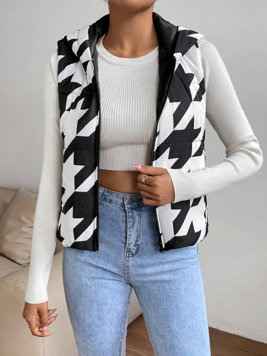 Chiquease Houndstooth Print Hooded Vest Padded Padded Coat Clothes Winter - Black and White - View 1