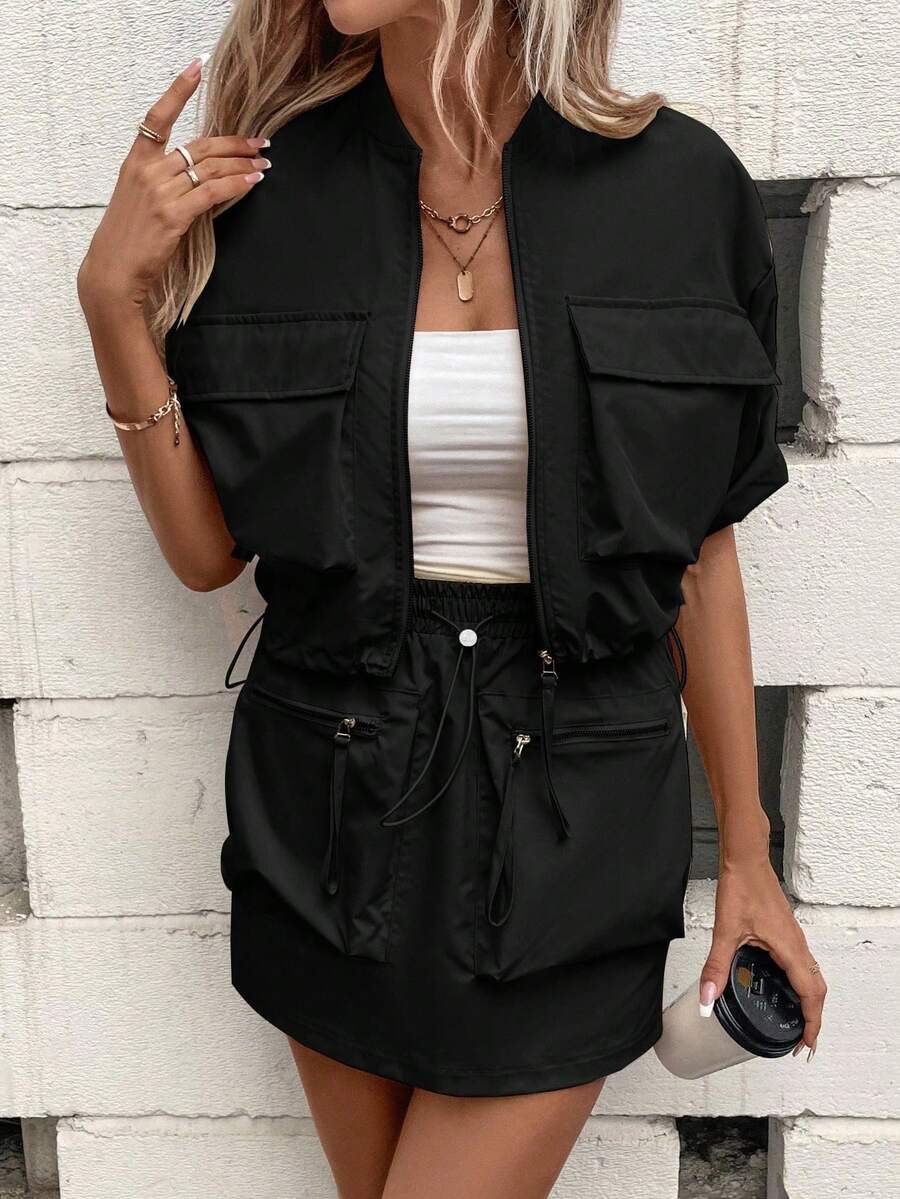 SHEIN LUNE Flap Pocket Zipper Front Jacket & Skirt - Black - View 1