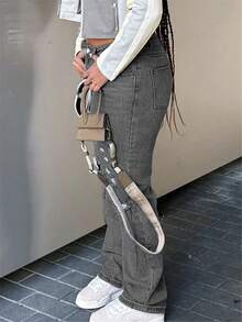 Women Distressed High Waist Pants With Pockets, Retro Streetwear Style - Grey - View 3