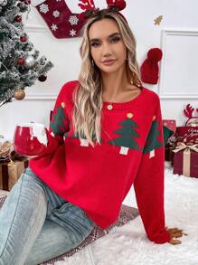 Chiquease Christmas Tree Pattern Drop Shoulder Knit Pullover Fall Winter Sweater - Red - View 6
