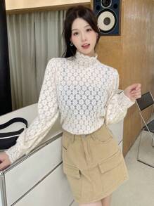 DAZY 1 chiếc áo ren cổ tròn trơn, quần áo mùa thu - Màu be - Xem 5