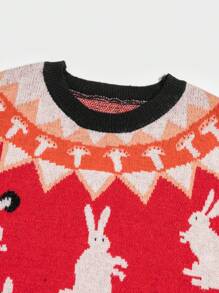 Flirla 大碼兔子&幾何圖案落肩袖套頭毛衣 - 紅色 - 查看 4