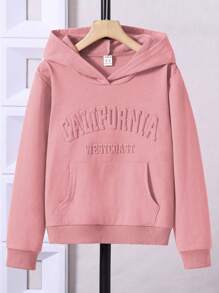 SHEIN Tween Girl Letter Embroidery Kangaroo Pocket Sweatshirt - Pink - View 1