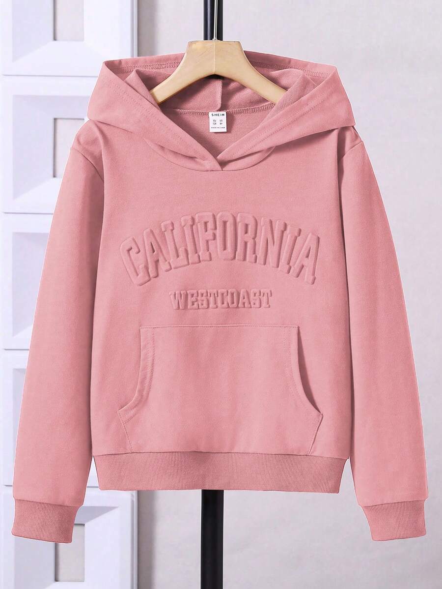 SHEIN Tween Girl Letter Embroidery Kangaroo Pocket Sweatshirt - Pink - View 1