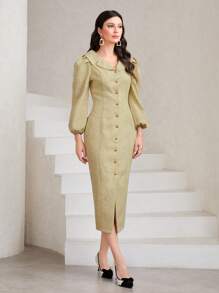 Modelyn Robe Unicolore À Bouton Manches Bouffantes