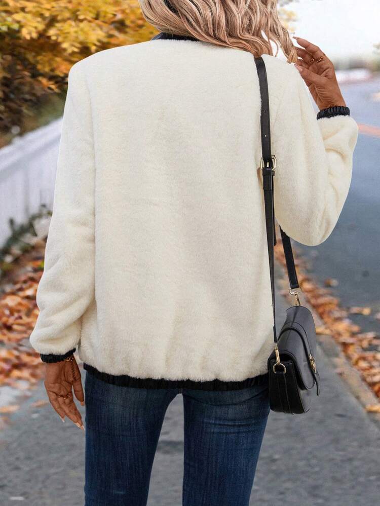 Contrast Trim Slant Pocket Fuzzy Coat