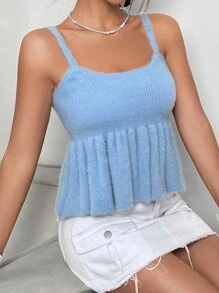 SHEIN EZwear 素色荷葉邊針織吊帶上衣 - 藍色 - 查看 5