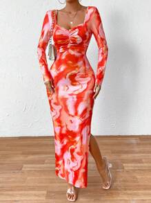 Breezaya 扎染鸡心领褶皱开衩连衣裙 超长度假海滩装 女款 - 彩色 - 查看 6