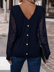 SHEIN Clasi 網紗拼接後紐扣上衣 - 藏蓝色 - 查看 2