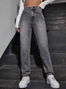 Ripped Straight Leg Jeans - Grey - View 5