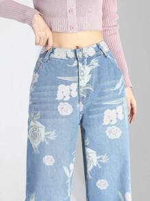 青少年女孩印花闊腿牛仔褲 - 淺色水洗藍 - 查看 8