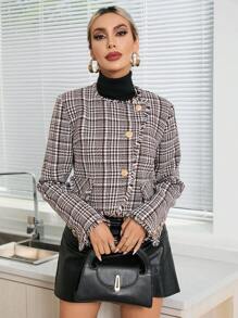 Aveloria 格紋印花流蘇邊短款花呢外套 - 彩色 - 查看 6