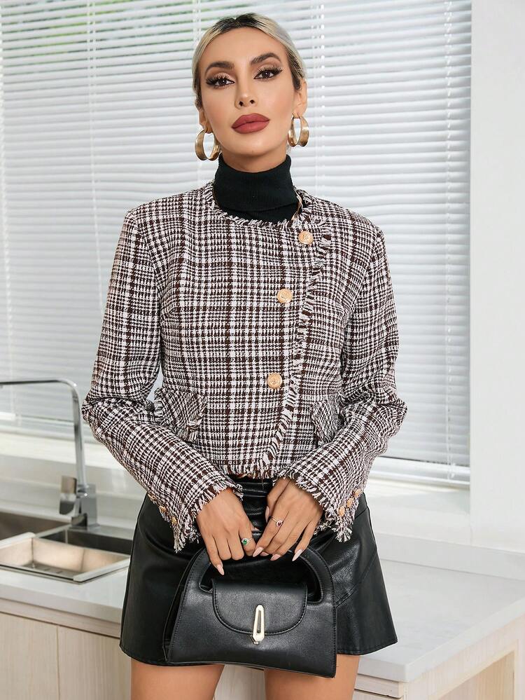 Plaid Print Fringe Trim Crop Overcoat Fall Cloth For Women