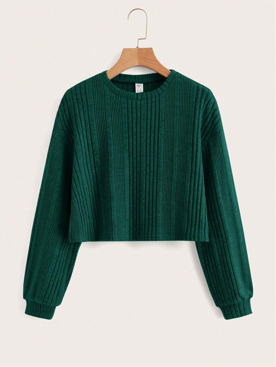 SHEIN Teen Girl Drop Shoulder Ribbed Knit Tee - Dark Green - View 1