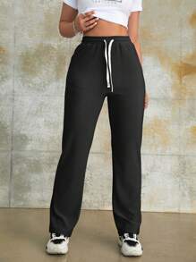 Solid Drawstring Waist Pants - Black - View 7