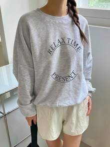 DAZY Letter Graphic Drop Shoulder Oversized Pullover - Grey - View 6