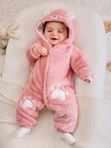 SHEIN Persoplay Kids Baby Mädchen PJ-Overall Cartoon Stickerei, 3D-Ohren Design, Kapuze, Flanell