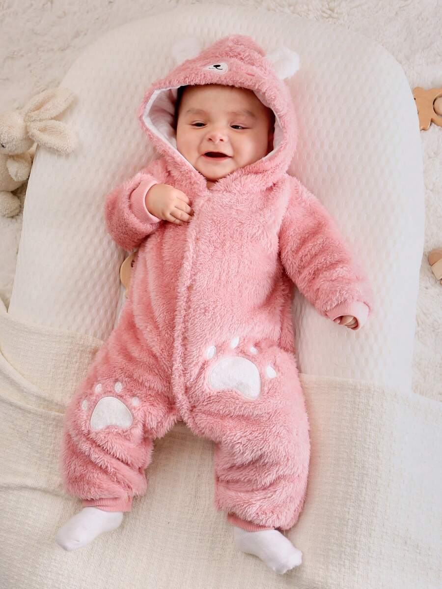 SHEIN Persoplay Kids Baby Mädchen PJ-Overall Cartoon Stickerei, 3D-Ohren Design, Kapuze, Flanell