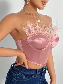 Allurite 毛茸邊緊身上衣抹胸上衣 - 藕粉色 - 查看 4