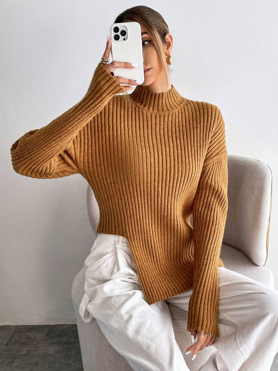 Mock Neck Drop Shoulder Split Hem Sweater