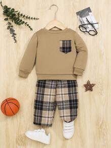 SHEIN Baby Boy Plaid Patched Pocket Pullover & Pants - Multicolor - View 1