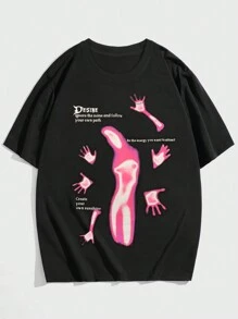 ROMWE MEN Grunge Punk Men Slogan & Figure Graphic Tee, School - Black - View 1